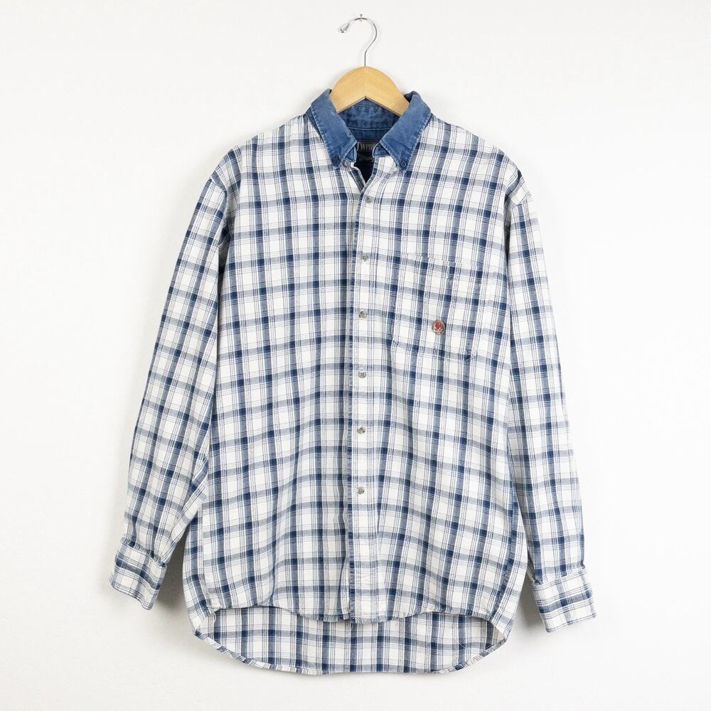 Vintage Wrangler Twenty X Shirt Medium USA Western Plaid Denim Collar Button Up